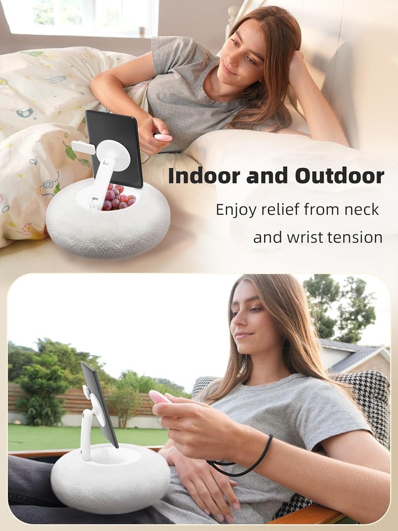 VOLTIFYMAX Magnetic Kindle Holder with Page Turner, Cozy Pillow Kindle Stand for Reading, 360° Adjustable Phone Holder for Bed, Small Bowl for Tablet Stand with Stable Suction Base (White) - Image 2